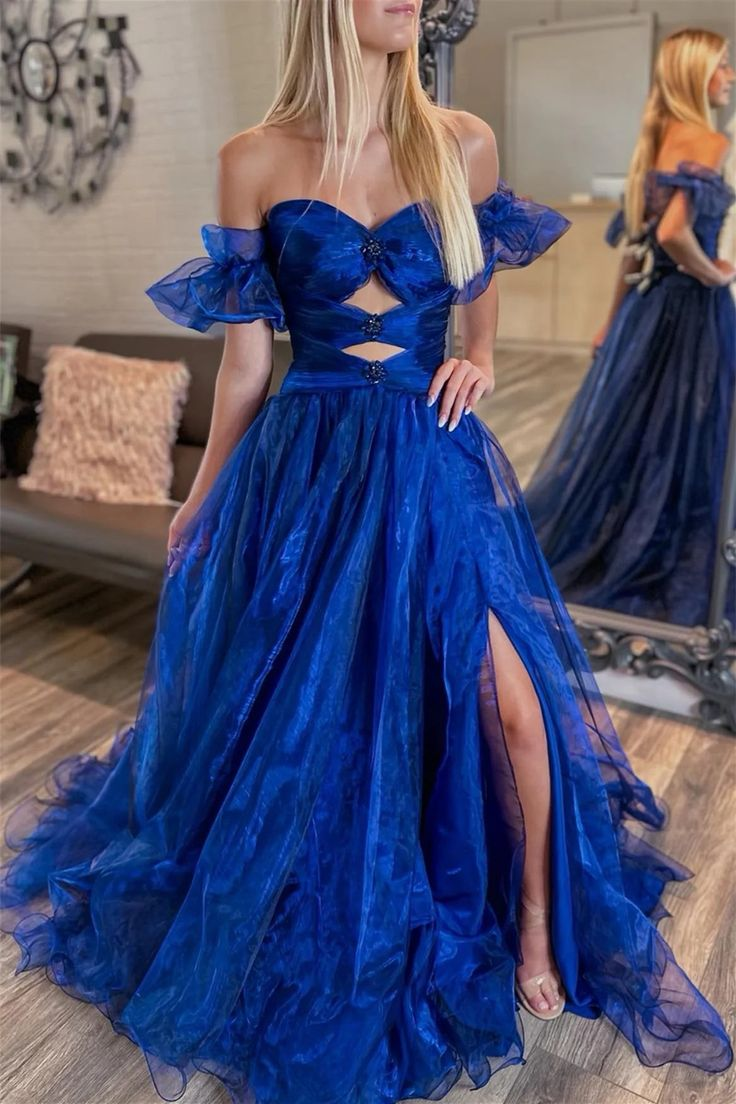 Royal Blue Tulle Off-Shoulder Long Prom Dress with Slit cc746