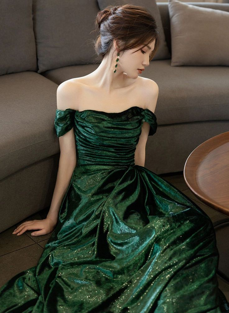 Beautiful Green Off Shoulder Evening Dress, Green Long Prom Dress  cc1444