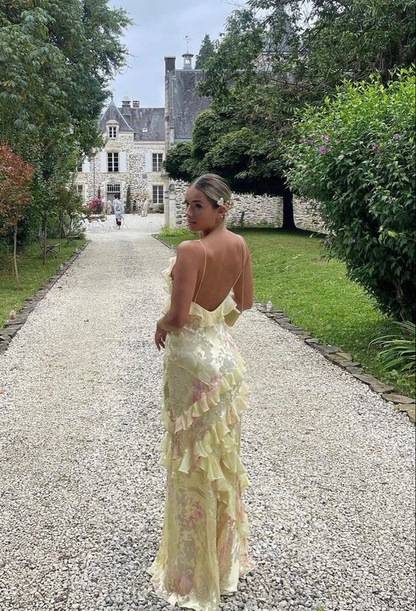 Pretty Yellow Print Chiffon Ruffles Party Evening Dress Long Prom Dress cc1810