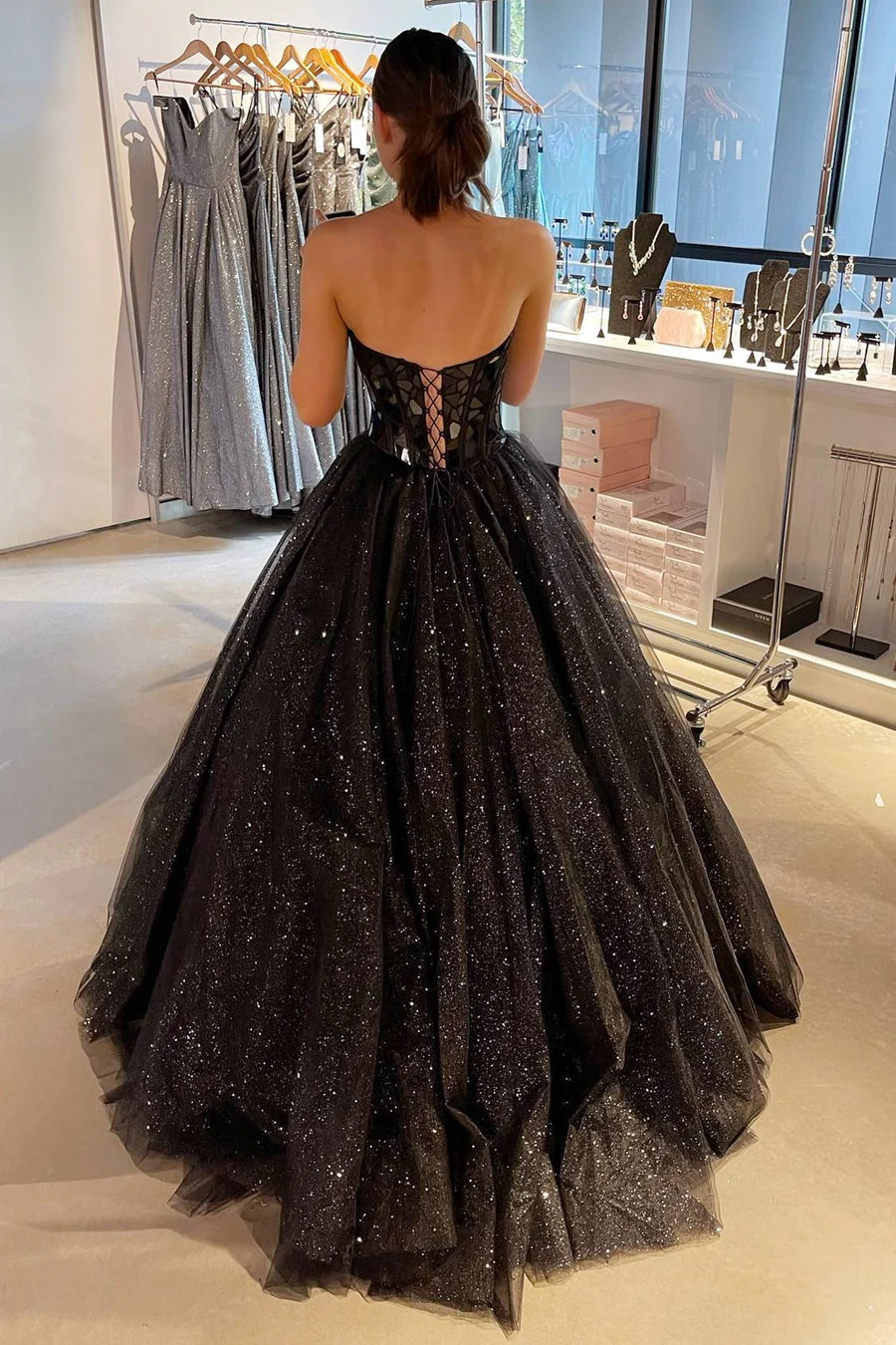 Black sweetheart tulle long prom dress black tulle formal dress C221
