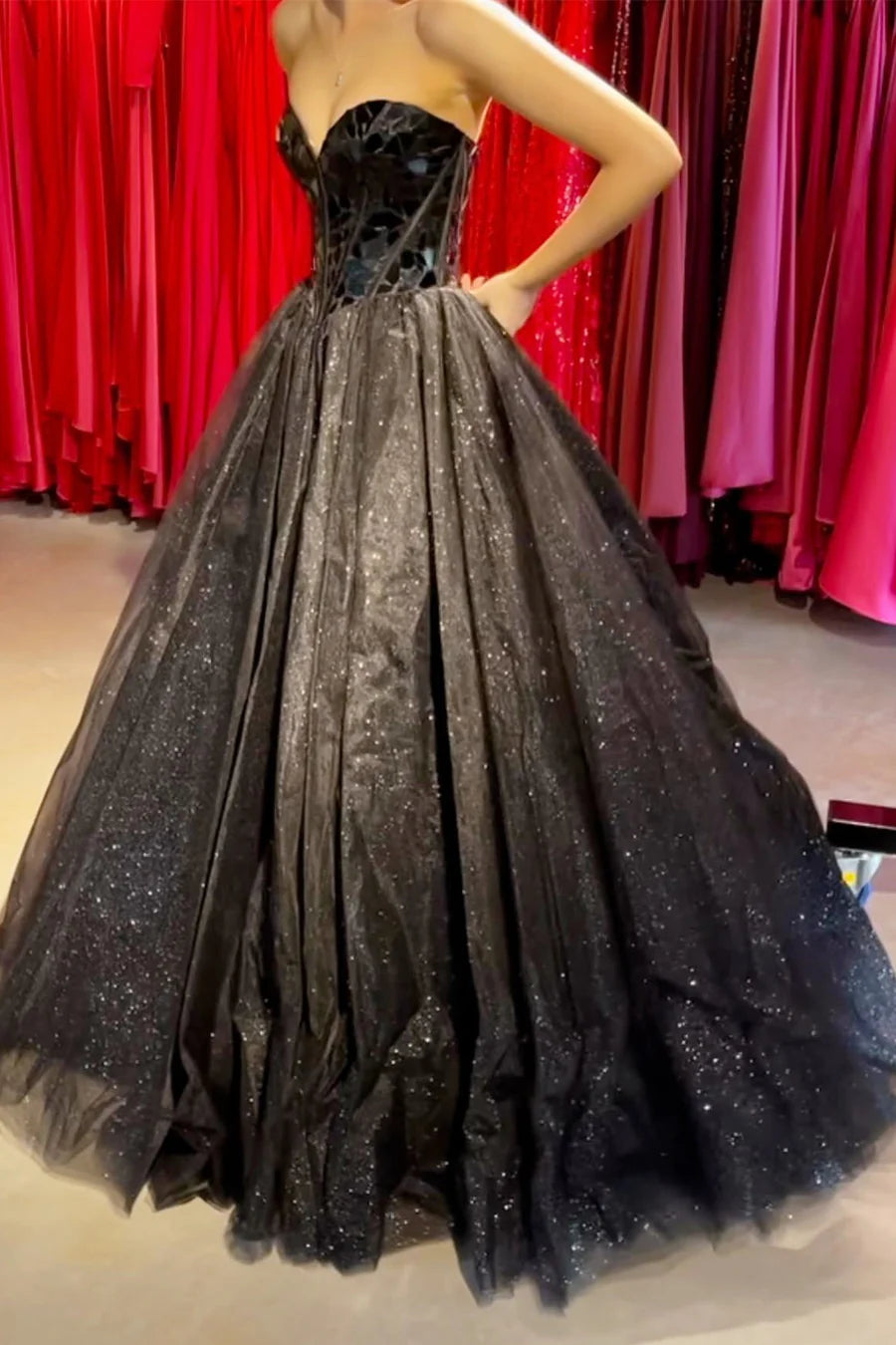 Black sweetheart tulle long prom dress black tulle formal dress C221