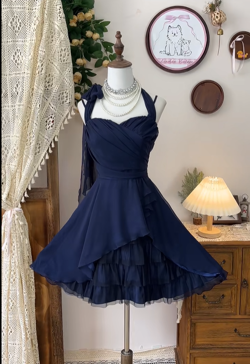 Pretty Halter Chiffon Tulle ALine Short Birthday Outfits Navy Blue Homecoming Dress cc3103