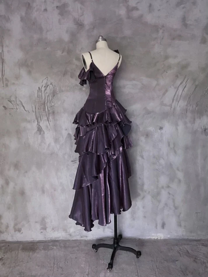 Purple Irregular Ruffle Spaghetti Straps Prom Dress Long Layered Birthday Dress Party Dress cc1460