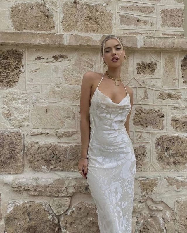 Sexy Backless White Satin Print Prom Dress Evening Dress cc1978