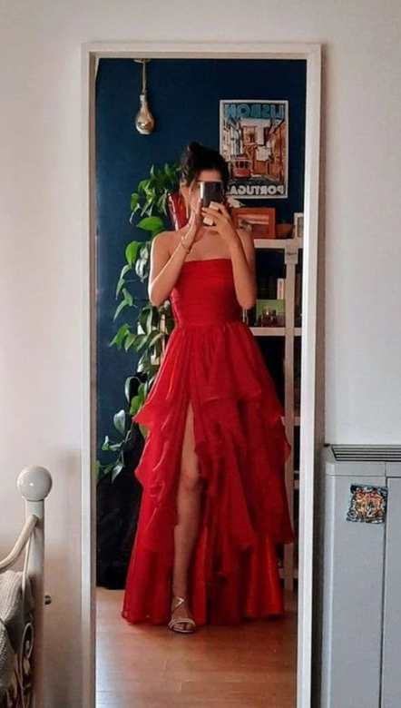 Sexy Red Tiered Tulle Long Prom Dress Strapless Slit A Line Evening Dress Party Dress cc1471