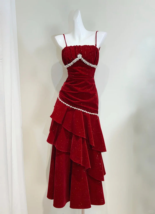 Vintage Burgundy Mermaid Spaghetti Strap Ruffle Velvet Prom Dress Evening Dress cc5281