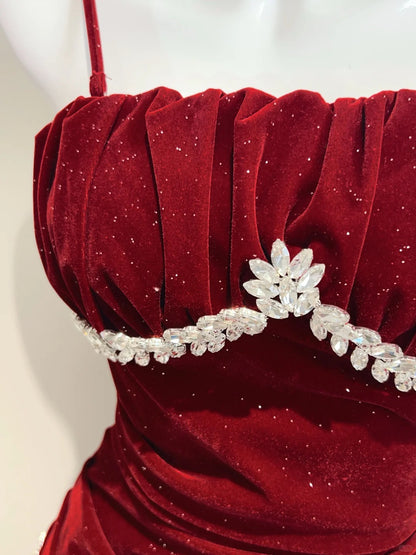 Vintage Burgundy Mermaid Spaghetti Strap Ruffle Velvet Prom Dress Evening Dress cc5281
