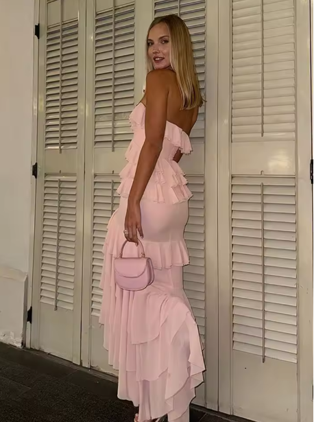 Elegant Pink Strapless Chiffon Slit Evening Dress Ruffles Party Prom Dress cc2414