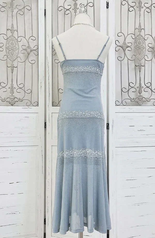 Beautiful Spaghetti Straps Blue Chiffon Beaded Evening Dress,Formal Prom Party Dress cc2677