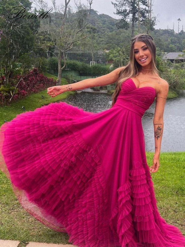 Pink Sweetheart Multilayer Prom Dress Strapless A-line Tulle Maxi Dress cc1051