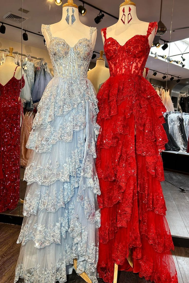 Charming Tulle Appliques Tiered Ruffles Long Prom Dress Slit  Party Evening Gown cc1781