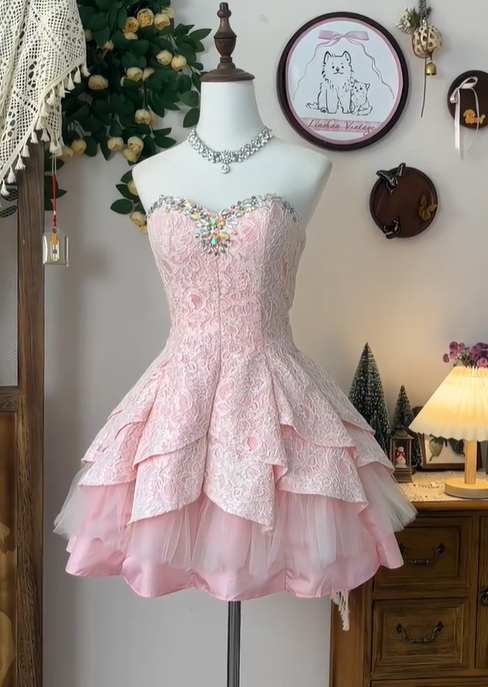 Gorgeous Pink Sweetheart Neck Lace A Line Homecoming Dress Formal Short Birthday Party Dress cc3259
