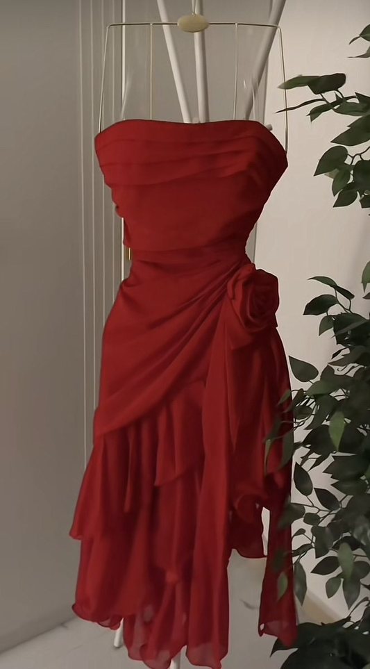 Charming Red Strapless Chiffon Pleated Ruffles Short Party Dress Formal 6th Grade Homecoming Dress cc3388