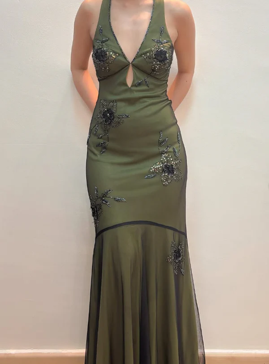 Vintage Green Deep V Neck Beaded Prom Evening Dress,Long Mermaid Party Gown cc2694