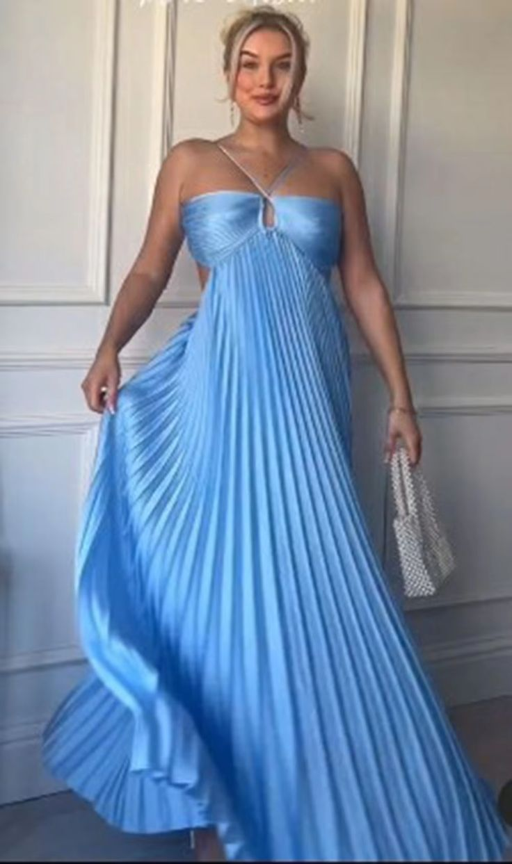 Halter Blue Pleated Long Prom Dress Formal Evening Dress cc2375