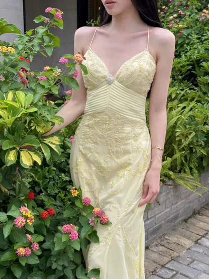 Beautiful Mermaid Spaghetti Straps Yellow Chiffon Beaded Prom Dress Long Party Evening Dress  cc1845