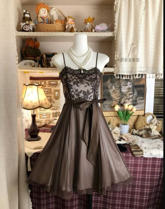 Vintage Satin Lace A Line Brown Homecoming Dress cc3070