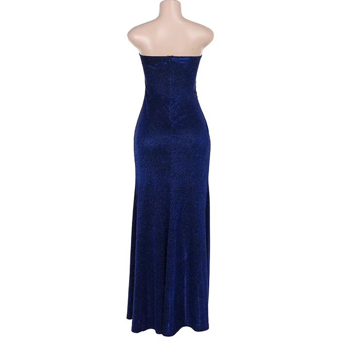 Vintage Blue Sheath Slit Evening Gown Strapless Prom Party Dress cc2297