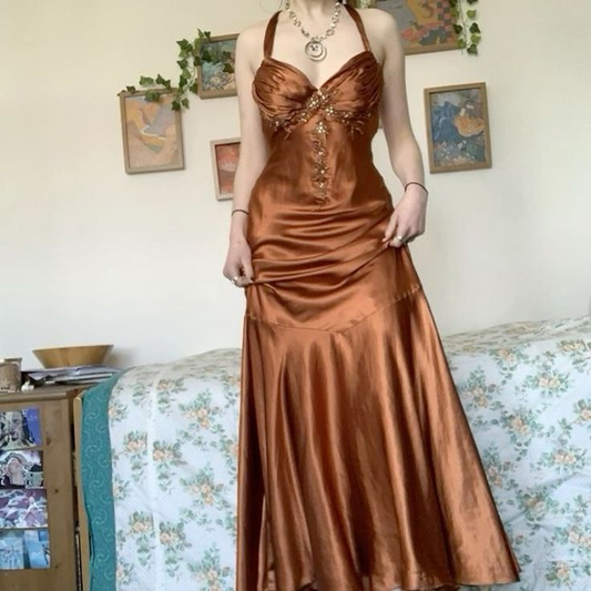 Vintage Halter Beaded Appliques 90s Prom Dress Mermaid Party Evening Dress cc1844