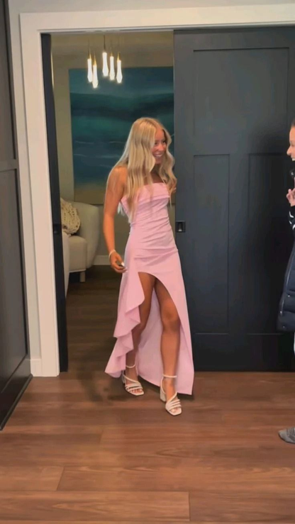 Elegant Pink Strapless Slit Evening Dress Sexy Party Prom Dress With Ruffles cc1840