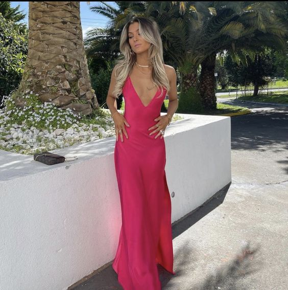 Simple Hot Pink Spaghetti Straps Evening Dress,Graduation Dress cc652
