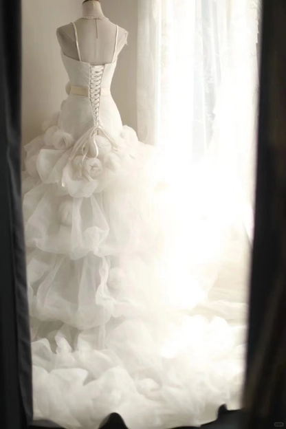 Classy Spaghetti Straps Tulle Ruched White A Line Long Wedding Dress  cc3189