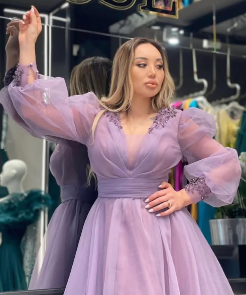 Purple A-line Tulle Beaded Evening Dress With Puff Sleeves cc692