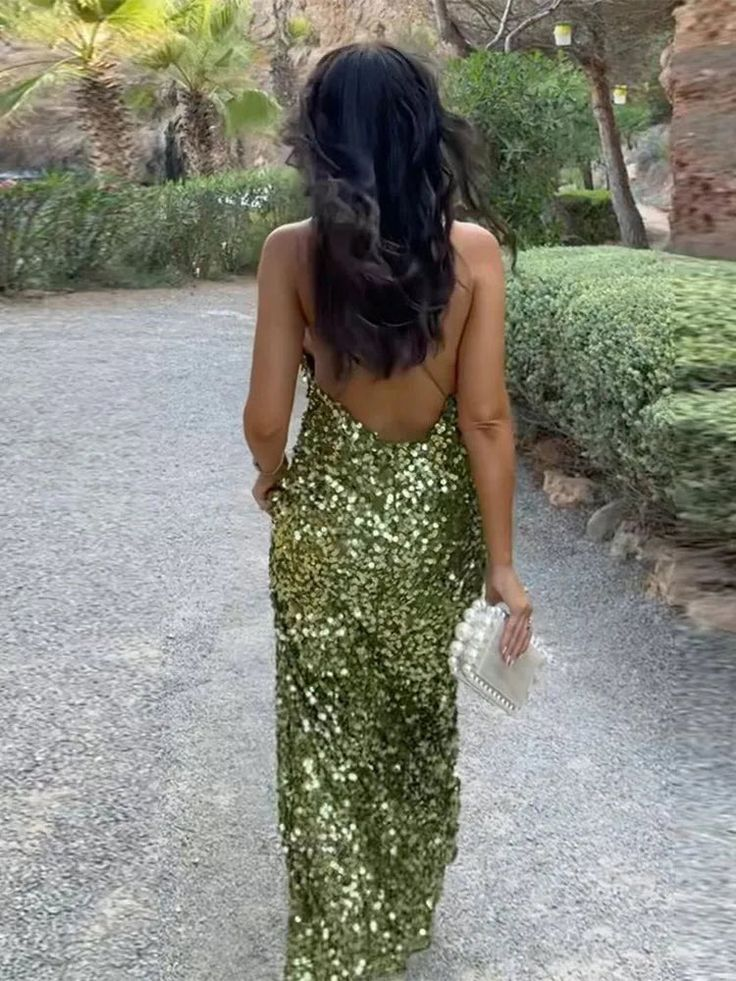 Gorgeous Green Sequins Backless Sheath Evening Dress V Neck Long Party Prom Dress cc2110