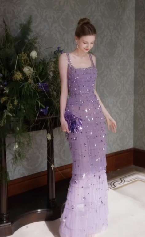 Gorgeous Lilac Sequins Evening Dress,Long Tulle Layered Prom Gown cc3010