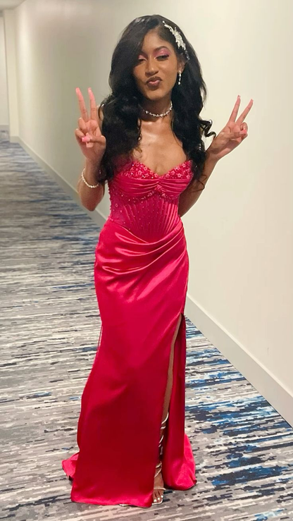 Cute Hot Pink Mermaid Slit Prom Dress Pleated  Party Evening Dress cc2316