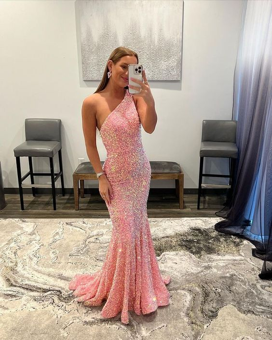 Pink Mermaid Sequins One-Shoulder Sleeveless Sweep/Brush Train Prom Dress cc1041