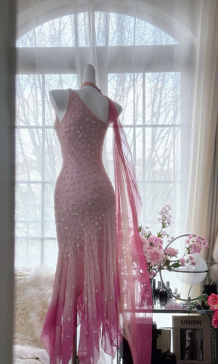 Luxury Pink Spaghetti Straps Chiffon Beaded Mermaid Evening Dress Prom Gown cc3028