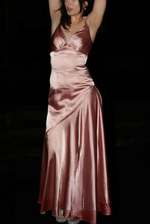 Fashion Pink V Neck Satin Slit Evening Dress Long Party Prom Dress cc2052