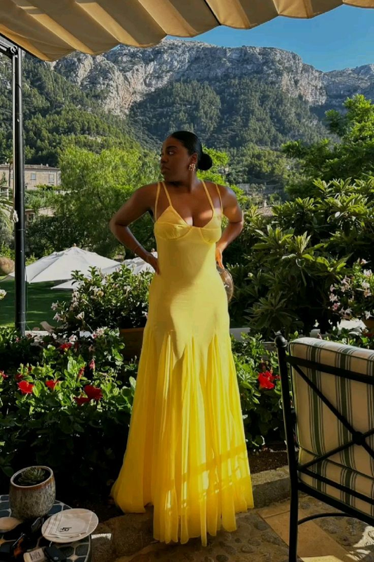 Sexy Spaghetti Straps Yellow Tulle Chiffon Prom Dress A Line Party Dress cc2391