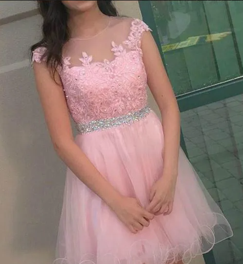 A-Line Illusion Bateau Cap Sleeves Pink Homecoming Dress with Beading c2817