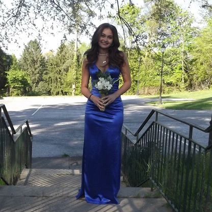 Sexy Blue Sheath Slit Prom Dress Backless Party Evening Dress cc1799
