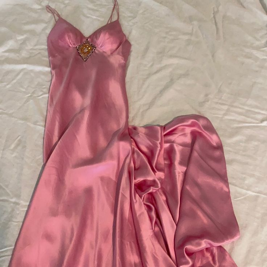 Pink Satin Beaded Evening Dress,Spaghetti Straps Party Prom Dress cc2669