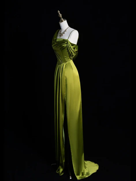 Classy Green Soft Satin One Shoulder Prom Dress, A-Line Long Slit Party Evening Dress cc2671