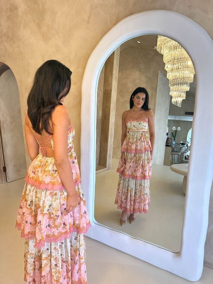Sweet Spaghetti Straps Tiered Print A-Line Prom Dress Long Prom Evening Dress cc1534