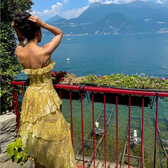 Unique Spaghetti Straps Lemon Yellow Tiered Long Prom Dress Sexy Party Evening Gown cc1495