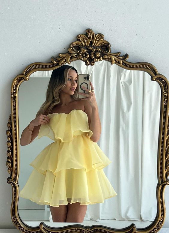 Cute Yellow Strapless Multi-Layered A Line Homecoming Dress cc1717