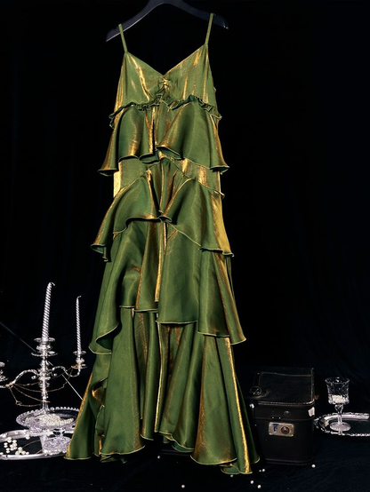 Green V-Neck Tiered Flounce Long Prom Dress Party Dress cc1446