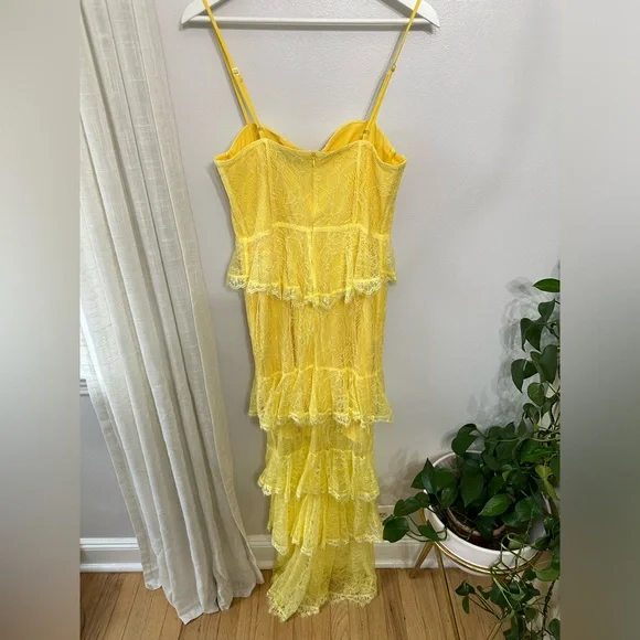 Sexy Yellow Lace Layered Slit Prom Dress Spaghetti Straps Long Party Evening Dress cc1530