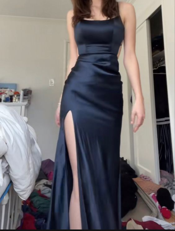 Simple Black Prom Dress With Slit,Senior Prom Gown cc1344