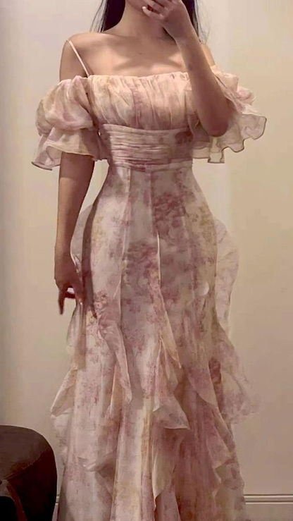 Pretty Chiffon Print Flowers Pink Prom Dress Long Party Evening Dress cc2363