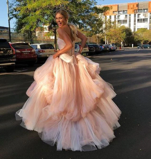 Light Pink Tulle Long Prom Dress Elegant Ball Gown cc1614