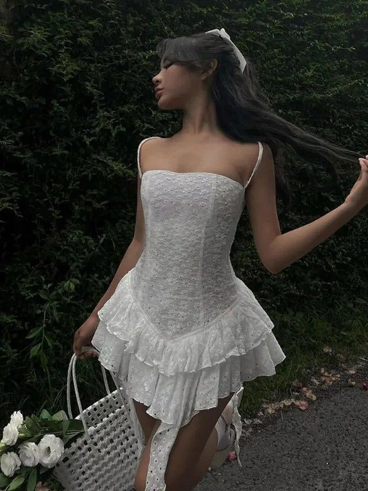Classy Spaghetti Straps White Lace Short Birthday Party Dress Homecoming Dress cc3284