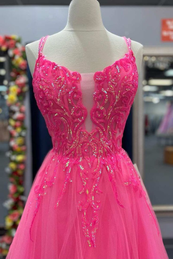 Hot Pink Tulle Appliques Lace-Up A-Line Long Prom Dress cc1006