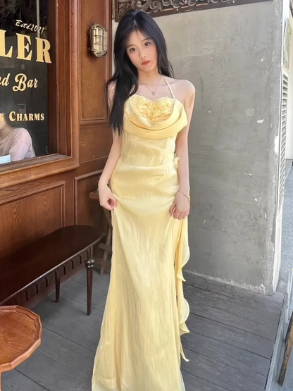 Vintage Halter Neck Floral Prom Dress Fairy Yellow Evening Dress Party Princess Dress cc1491