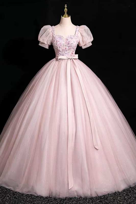 Pink Short Sleeves Floor Length Tulle Long Prom Dress, Long Pink Tulle Formal Evening Dress cc1647